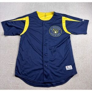 True Fan Milwaukee Brewers MLB Jersey Mens Large Navy Blue Yellow Button Front